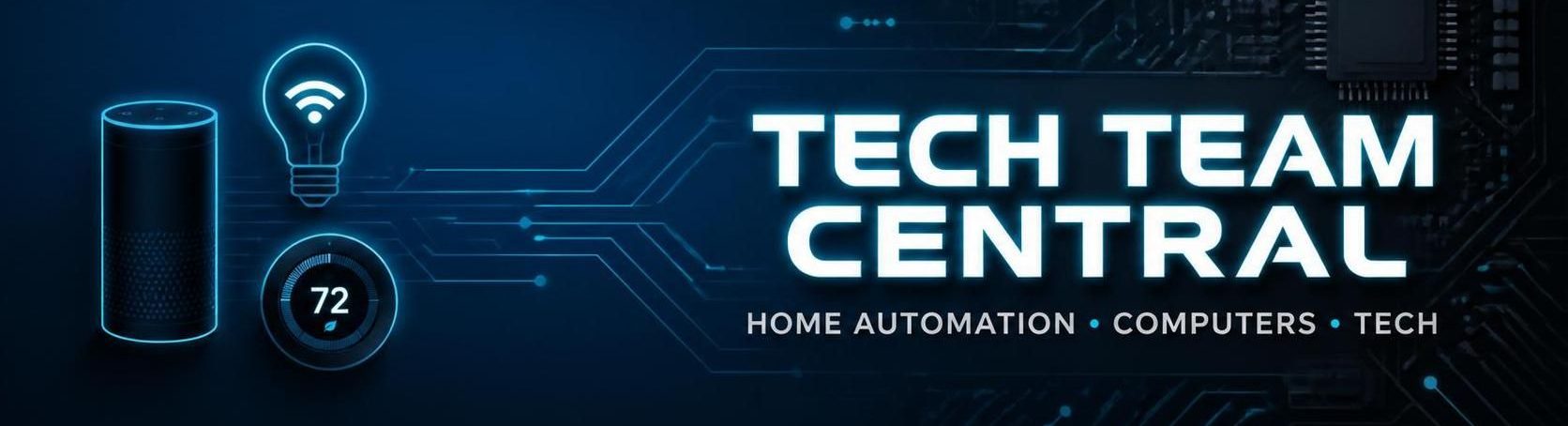 A banner for "Tech Team Central" featuring smart home icons like a speaker and thermostat on a blue circuit board background