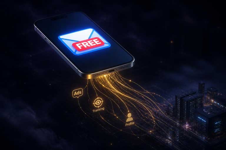 Smartphone with a 'FREE' icon emits data streams to icons for Ads, Tracking, and Profile over a night city