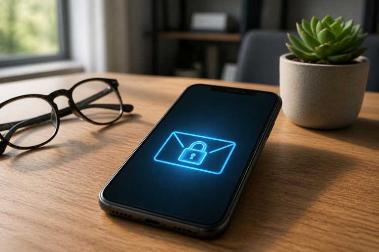 A smartphone on a wooden desk displays a glowing blue icon of a locked envelope, sitting next to a pair of glasses and a small potted succulent