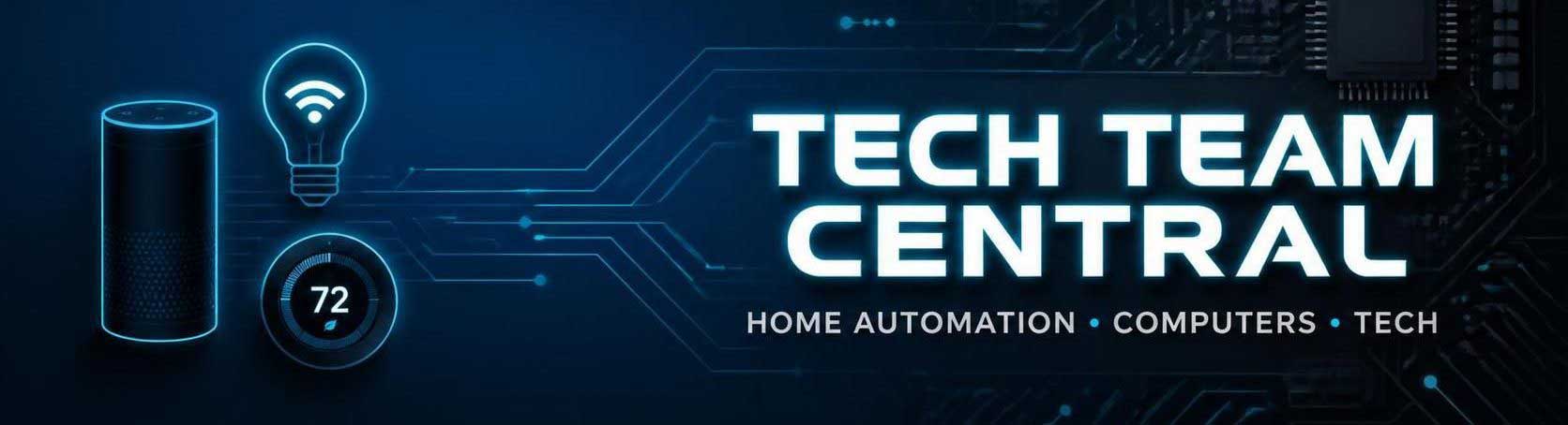 A banner for "Tech Team Central" featuring smart home icons like a speaker and thermostat on a blue circuit board background