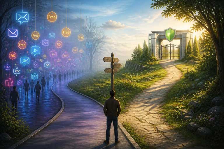 A man stands at a crossroads between a dark path with neon