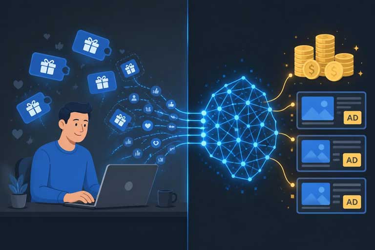 Illustration of a user on a laptop connecting engagement icons to a digital network that leads to money and ads