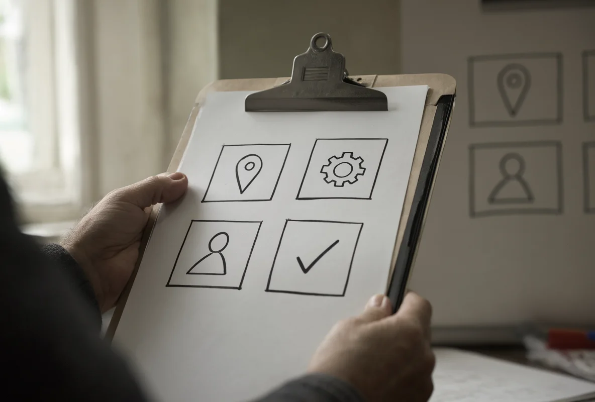A person holds a clipboard with four hand-drawn icons—a location pin, gear, person, and checkmark—sketched in a two-by-two grid.
