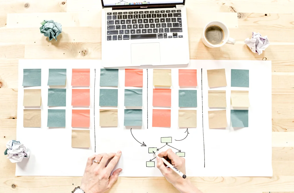 Overhead view of hands sketching a box-and-arrow flowchart on a large sheet of paper beside columns of colored sticky notes, a laptop, and a coffee cup on a wooden desk.